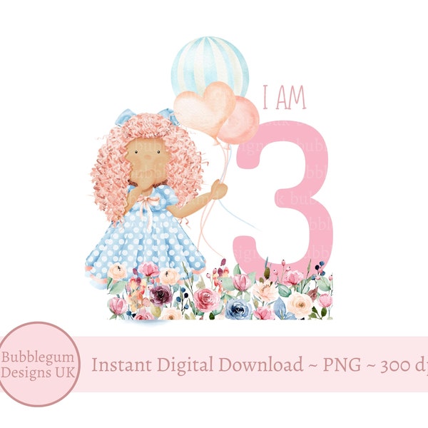 I Am 3 Birthday Girl PNG, Pink 3rd Birthday Clipart, Girl Sublimation Design, Girls Birthday Card Design, Balloons, Instant Digital Download