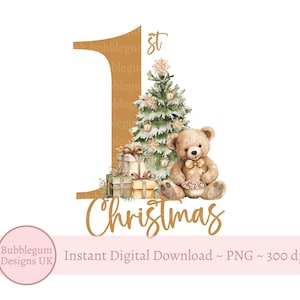 Grün Gold 1. Weihnachtsteddybär PNG, Weihnachtsbär, Babys 1. Weihnachtsweste, Weihnachtssack Sublimationsdesign, sofortiger digitaler Download