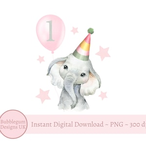 Baby Elephant 1° compleanno PNG, Elefante acquerello con cappello da festa, Design a sublimazione, Immagine del biglietto del primo compleanno, Download digitale istantaneo,