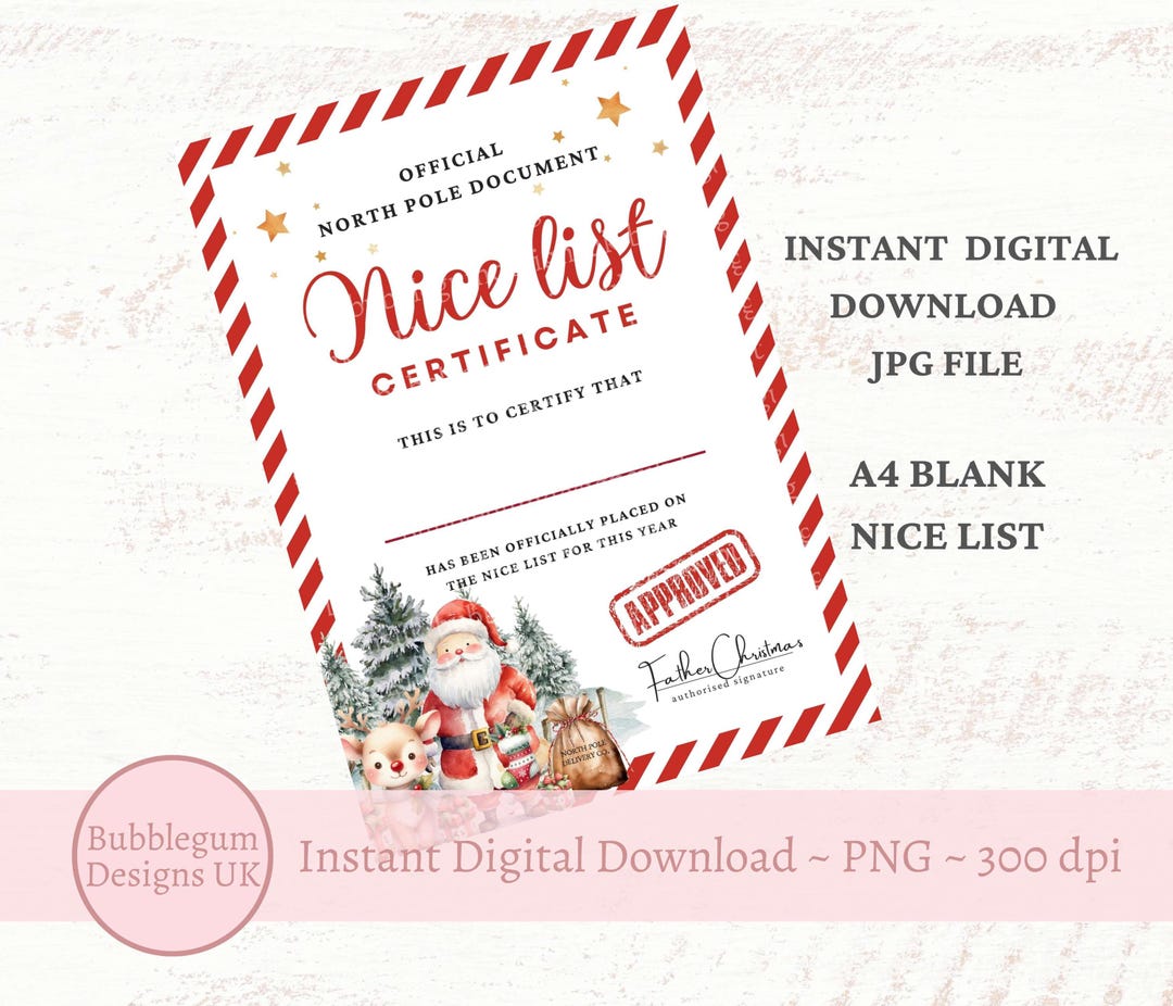 Father Christmas Nice List Certificate, A4 Santa & Reindeer Christmas