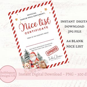 Certificado de lista de buenos amigos de Papá Noel, carta navideña de Papá Noel y renos A4, lista de buenos amigos de Papá Noel, Polo Norte, JPG, descarga digital instantánea