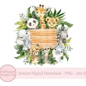 Baby safaridieren leeg bord PNG, aquarel babydieren, verjaardag sublimatie ontwerp, wilde dieren achtergrond, instant digitale download