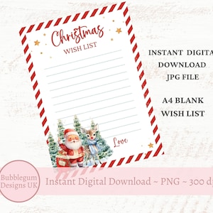 Weihnachtswunschliste, A4 Nikolaus-Weihnachtsbrief, Weihnachtsmannbrief, JPG, Nordpol-Wunschliste, sofortiger digitaler Download