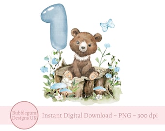 Woodland Baby Bear PNG, Sublimation Design, Blue Boy 1st Birthday, First Birthday Woodland Bear Design, 1st Birthday, Digital Download,