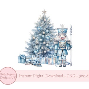 Blauer Weihnachtsbaum, Nussknacker & Zug PNG, Weihnachtsbaum Sublimationsdesign, Weihnachtskartendesign, sofortiger digitaler Download