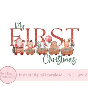 Santa & Friends My First Christmas-trein PNG, Christmas Santa Bear Penguin Train Design, 1e kerstsublimatie, directe digitale download