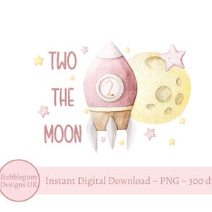 Zwei Monde PNG, rosa Rakete und gelbes Mond Design, Sublimationsdesign zum zweiten Geburtstag für Mädchen, zum Mond und zurück, sofortiger digitaler Download