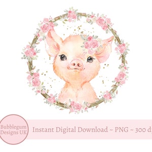 Bébé porcelet en couronne de roses roses PNG, aquarelle bébé animal de la ferme, conception en sublimation de cochon, conception de carte d'anniversaire, téléchargement immédiat