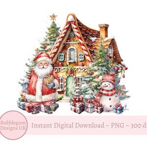 Santa en Gingerbread House Tree & Gifts PNG, Kerstsublimatie, Kerstavond Pyjama Sublimatie, Jolly Santa, Instant Digitale Download