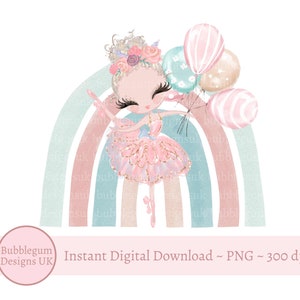 Ballerina pastel regenboog PNG, ballerina sublimatie ontwerp, balletdanser en ballonnen, ballet thema verjaardag decor, instant digitale download