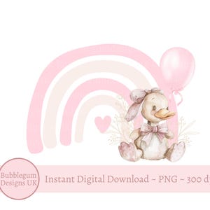 Balão rosa de pato e arco-íris PNG, clipart de pato fofo, chá de bebê de pato, arco-íris rosa de primeiro aniversário, menina, download digital instantâneo