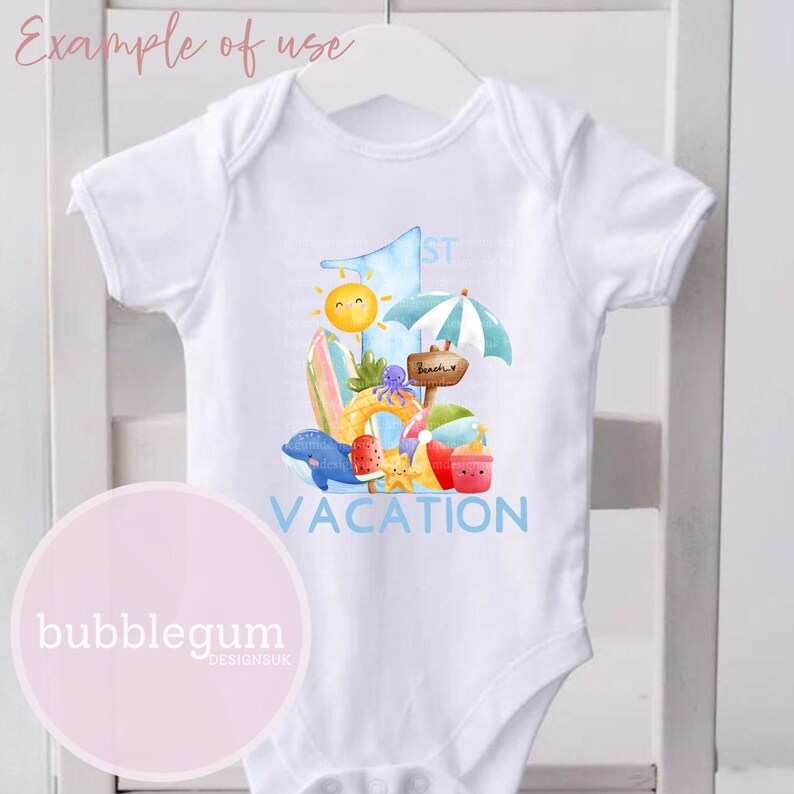 May include: White baby onesie with a blue and yellow illustration of a beach scene with a number one, a sun, an umbrella, a surfboard, a starfish, a dolphin, a watermelon, a beach bucket, and the text "1st Vacation".