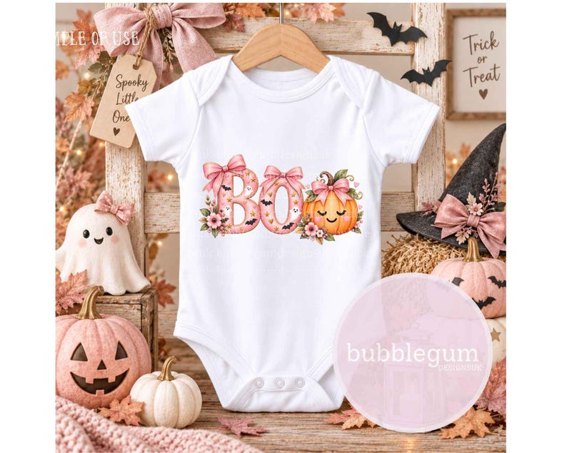 May include: A white short-sleeved baby bodysuit featuring a graphic print of the word BOO in pink letters decorated with bows, flowers, and small bats, with an orange pumpkin replacing the letter O, all centered on the front of the garment.