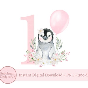 Bebê Pinguim 1º Aniversário PNG,Pinguim Aquarela & Design de Sublimação de Balão,Imagem de Cartão de Primeiro Aniversário de Menina,Download Digital Instantâneo,