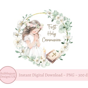 Coroa de Primeira Comunhão PNG, Design de Sublimação para Primeira Comunhão de Meninas, Coroa de Flores de Eucalipto, Bíblia, Oração, Download Digital Instantâneo