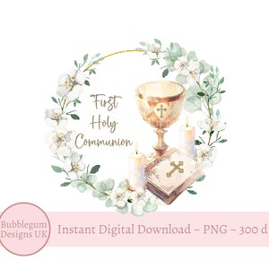 Première Communion Couronne PNG, 1ère Communion Sublimation Design, Couronne de fleurs d'eucalyptus, Bible, calice, téléchargement immédiat