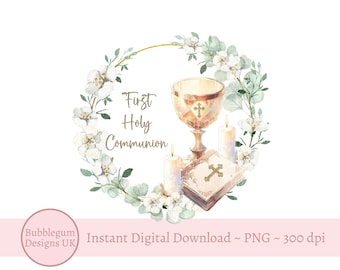 First Holy Communion Wreath PNG, 1st Communion Sublimation Design, Eucalyptus Floral Wreath, Bible, Chalice, Instant Digital Download