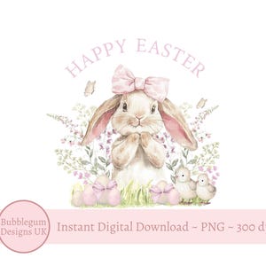Frohe Ostern Rosa Schleife Häschen & Ostereier Sublimation Design, PNG, Osterhase, 1st Ostern, Häschen, Sofortiger digitaler Download