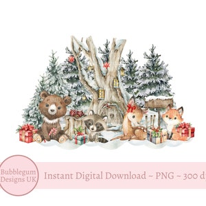 May include: Watercolour illustration of a winter woodland scene with a bear, raccoon, deer, and fox. The animals are gathered around a tree with a small house in it. There are presents and a sign that says "The Woodland".