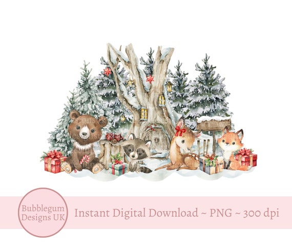 Christmas Woodland Animals PNG, Winter Forest Animals Sublimation Design, 1st Christmas Card Design, Christmas Eve, Instant Digital Download