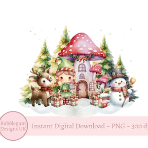 Noël champignon vénéneux elfe maison PNG, fille elfe, bonhomme de neige et renne Design en sublimation, boîte de Noël, sac du père Noël, téléchargement immédiat