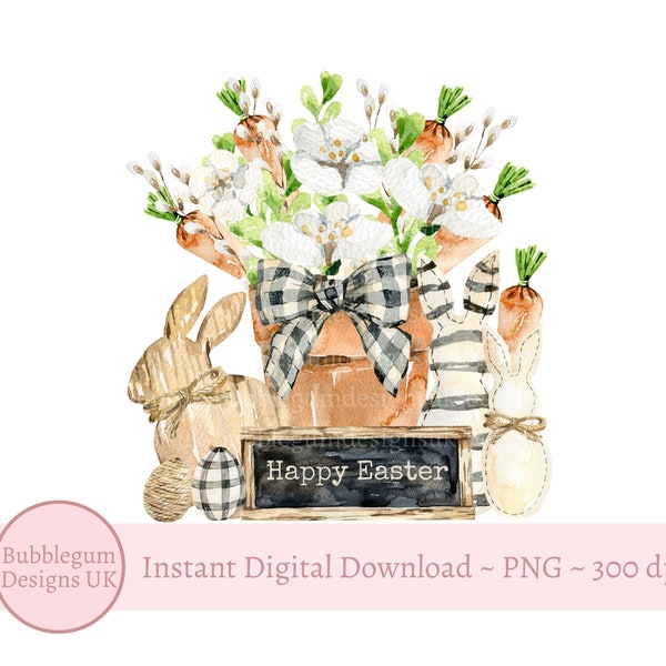 Rustic Happy Easter Floral Planter PNG, Spring Bunnies, Carrots, Easter Eggs  Flowers, Easter Sublimation Design, Instant Digital Download