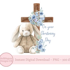 Cruz Floral de Coelho Azul PNG, No Seu Dia de Batizado, Design de Sublimação de Coelho, Cruz Floral de Madeira, Cruz de Batismo, Download Digital Instantâneo