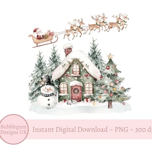 Trenó de rena do Papai Noel e casa de Natal PNG, clipart de Natal, design de saco de Papai Noel, sublimação de caixa de véspera de Natal, download digital instantâneo
