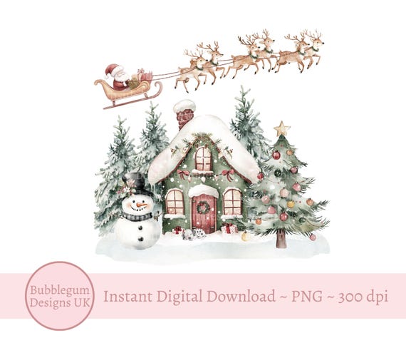 Santa Reindeer Sleigh & Christmas House PNG, Christmas Clipart, Santa Sack Design, Christmas Eve Box Sublimation, Instant Digital Download