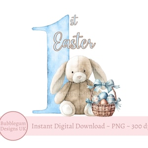Blue First Easter Bunny & Basket Sublimation Design, My 1st Easter Clip Art, PNG, Easter Bunny Rabbit, 1st Easter, Instant Digital Download