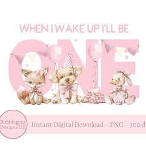 Roze pluche dieren ONE sublimatieontwerp, png, pyjama eerste verjaardag, puppy, eend, als ik wakker word, zal ik één zijn, instant digitale download