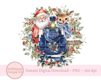 North Pole Christmas Train - Santa & Reindeer Sublimation Design, Christmas Eve Box, Kids Christmas T Shirt, Instant Digital Download