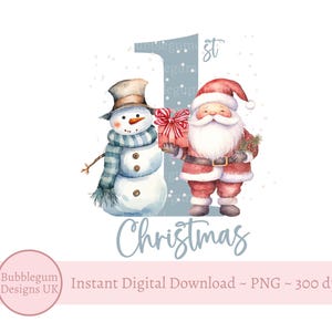1. Weihnachten Blauer Weihnachtsmann & Schneemann PNG, Babys erstes Weihnachten, 1