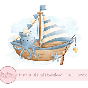 Bateau à voile bleu poulpe PNG, conception de carte d'anniversaire de bébé garçon, bateau bleu, pêche, conception de sublimation de bébé garçon, téléchargement numérique instantané