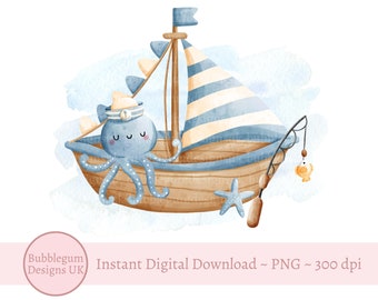 Blue  Octopus Sail Boat PNG, Baby Boys Birthday Card Design, Blue Boat, Fishing, Baby Boy Sublimation Design,Instant Digital Download