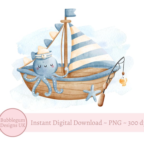 Blue  Octopus Sail Boat PNG, Baby Boys Birthday Card Design, Blue Boat, Fishing, Baby Boy Sublimation Design,Instant Digital Download