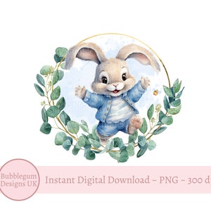 Blue Bunny Rabbit Eucalyptus Wreath PNG, Bunny Sublimation Design, 1st Easter, Happy Easter, Bunny Wreath, Instant Digital Download