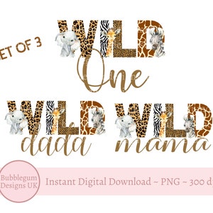 Wild One Baby Safari Tiere PNG, Wilde Mama, Wild Dada, Safari 1. Geburtstag T-Shirt Sublimation Design, Sofortiger digitaler Download
