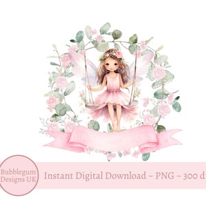 Coroa de flores de balanço de fada rosa PNG, design de sublimação de fada, decoração de aniversário de fada, fada caprichosa, cartão de fada, download digital instantâneo
