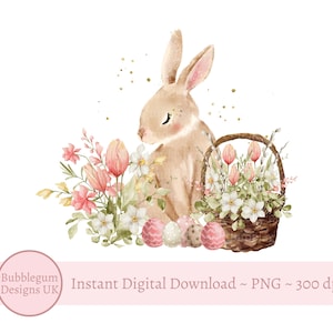 Easter Bunny  Spring Florals Basket PNG, Easter Clip Art, Easter Spring Decor, Easter Card Design, Sublimation, Instant Digital Download