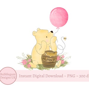 Design clássico de sublimação de balão rosa para aniversário do Ursinho Pooh, PNG, design de 1º aniversário do Ursinho Pooh, download digital instantâneo