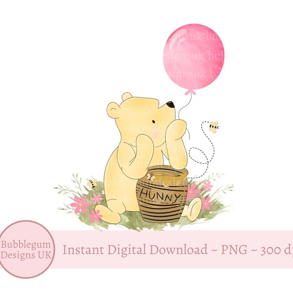 Classic Winnie The Pooh Pink Balloon Birthday Sublimation Design, PNG, Winnie The Pooh 1st Birthday Design, Instant Digital Download