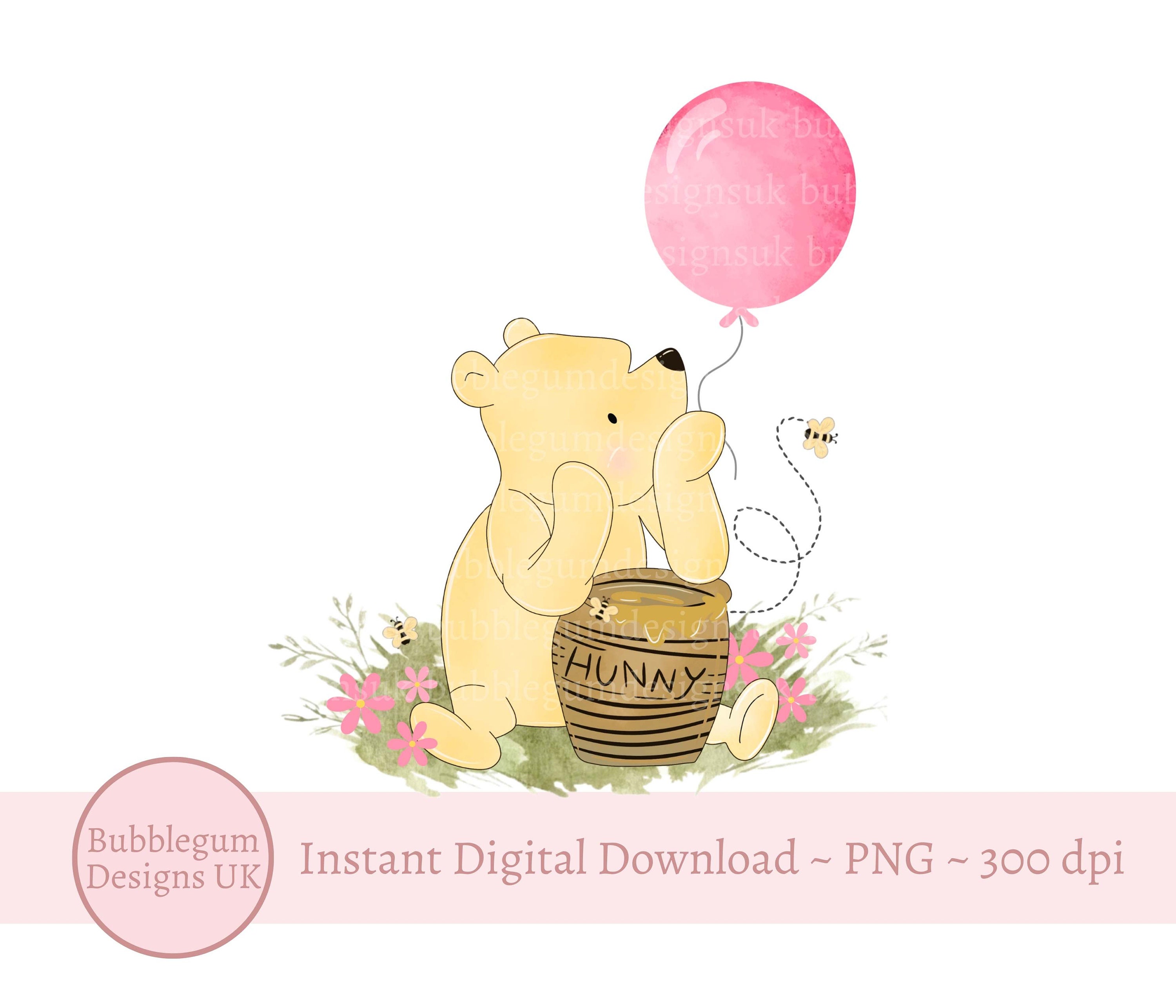 Classic Winnie The Pooh Pink Balloon Birthday Sublimation Design PNG Winnie The Pooh 1st Birthday Design Instant Digital Download