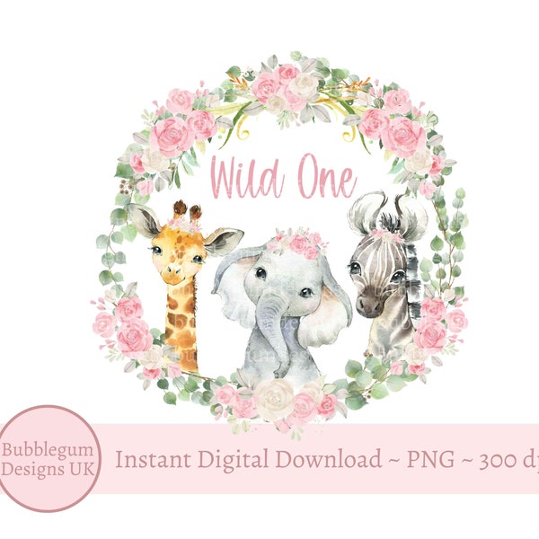 Girls Wild One Baby Safari Animals Wreath PNG, Baby Animals T Shirt Sublimation Design, Birthday Card Design, Instant Digital Download