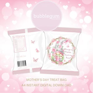 Pacote de guloseimas para o dia das mães com guirlanda de gnomo rosa, JPG A4 para impressão, sacola de guloseimas para o dia das mães, sacola de salgadinhos, sacola de batata frita, download digital instantâneo