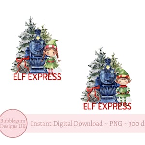 Tren navideño Elf Express para niños y niñas PNG, diseño de sublimación navideña, diseño de pijama de tren de elfos, diseño de saco de Papá Noel, descarga digital instantánea