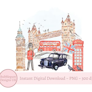 Monuments de Londres PNG, design en sublimation sur les toits de Londres, Tower Bridge, London Black Cab, Big Ben, bus de Londres, téléchargement immédiat
