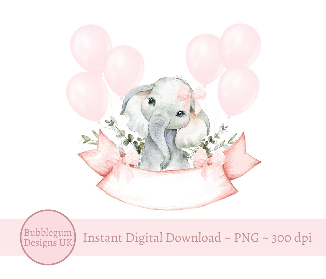 Baby Elephant Pink Balloons PNG, Baby Girl Elephant Sublimation Design ...