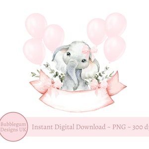 Palloncini rosa a forma di elefante in formato PNG, disegno a sublimazione di un elefante per bambina, neonato, baby shower, clipart di una bambina, download digitale istantaneo