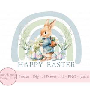 Happy Easter Blue Bunny Rainbow PNG, Easter Bunny Sublimation Design, Baby 1st Easter, Easter Treat Box Topper, Instant Digital Download